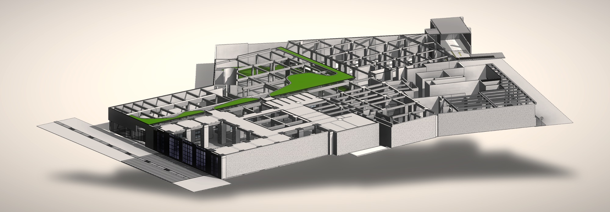 Axonometria do térreo no modelo as-built em BIM, sem a cobertura, mostrando a rua interna da galeria e as lojas dos dois lados.
