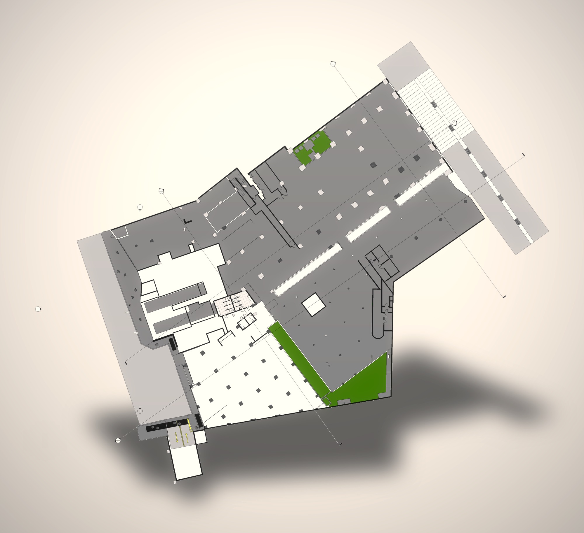 Planta do térreo da galeria exportada do modelo Revit as-built, com a rua interna coberta e as lojas dos dois lados.