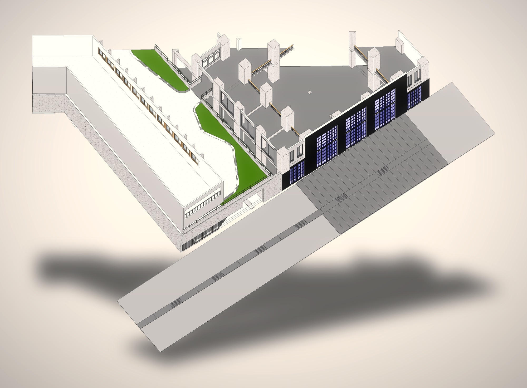 Volume da galeria no modelo as-built em BIM, com a cobertura vista de fora.