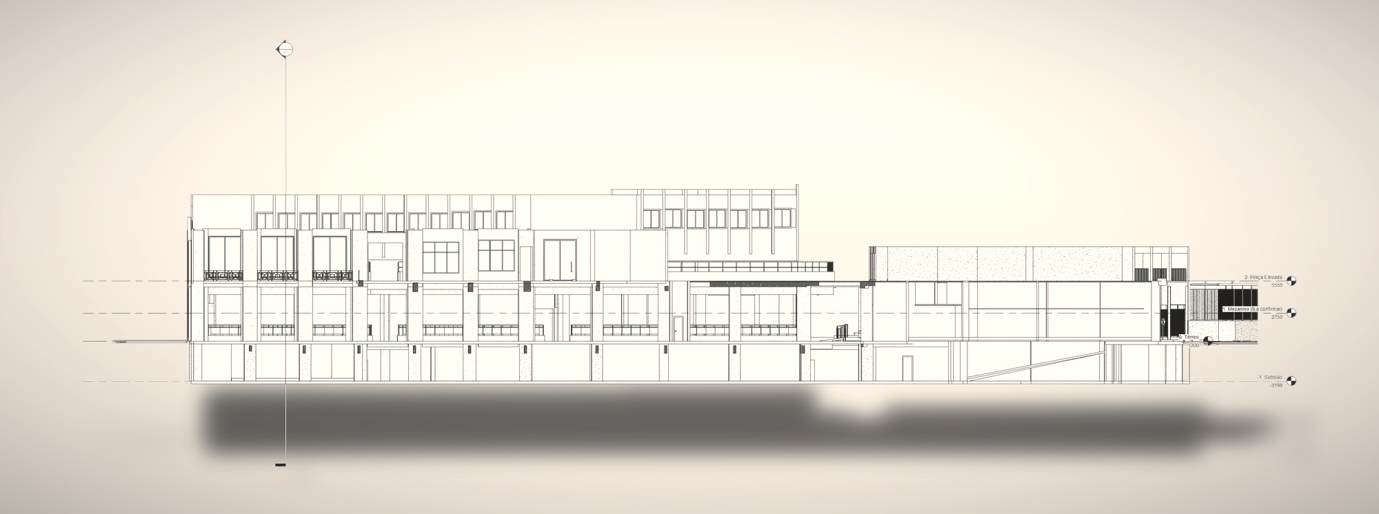 Corte longitudinal do modelo as-built em BIM da galeria, mostrando subsolo, térreo e mezaninos empilhados.