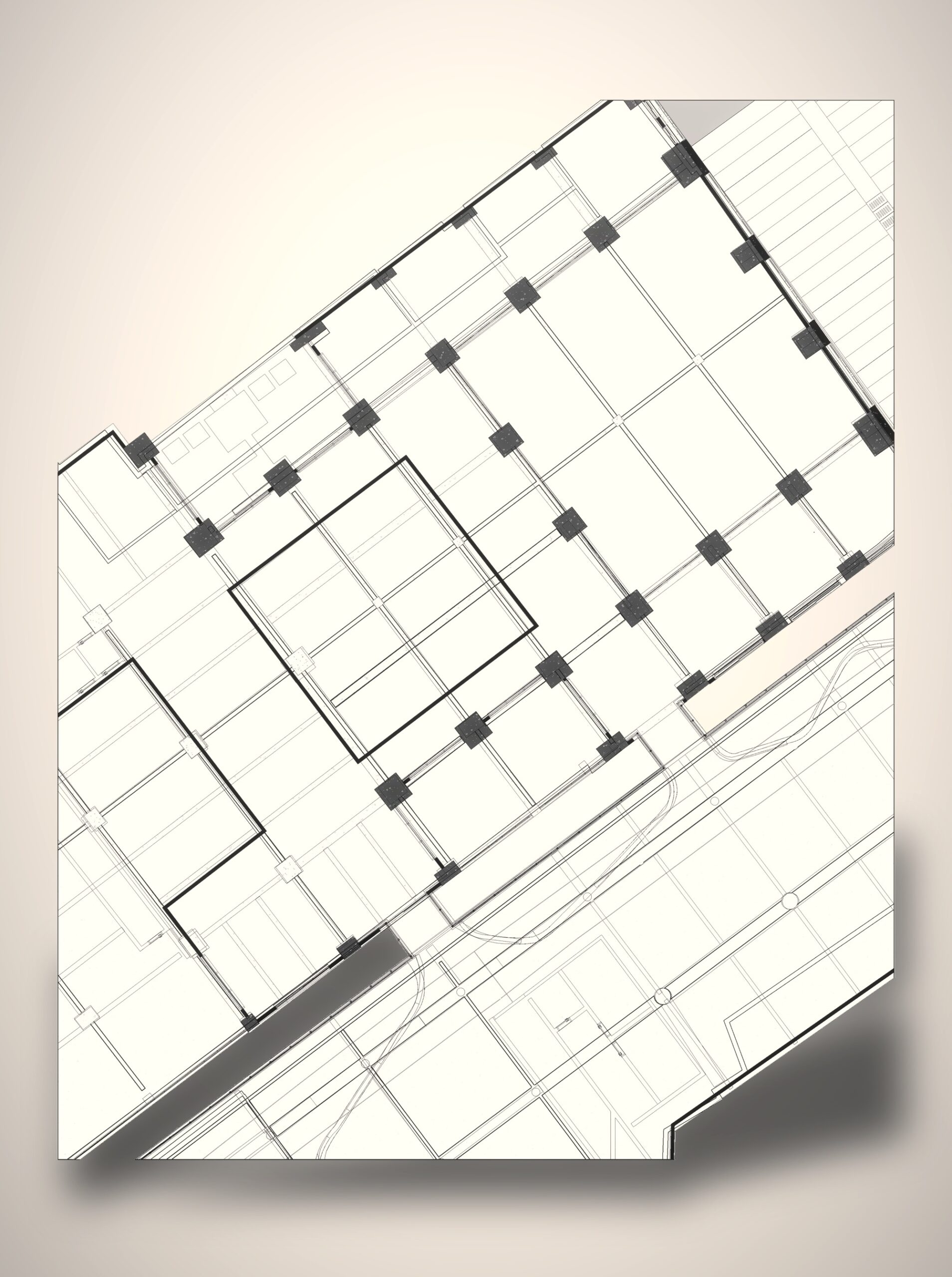 Malha estrutural da galeria vista de cima no modelo as-built em BIM, com pilares e vigas alinhados aos eixos.