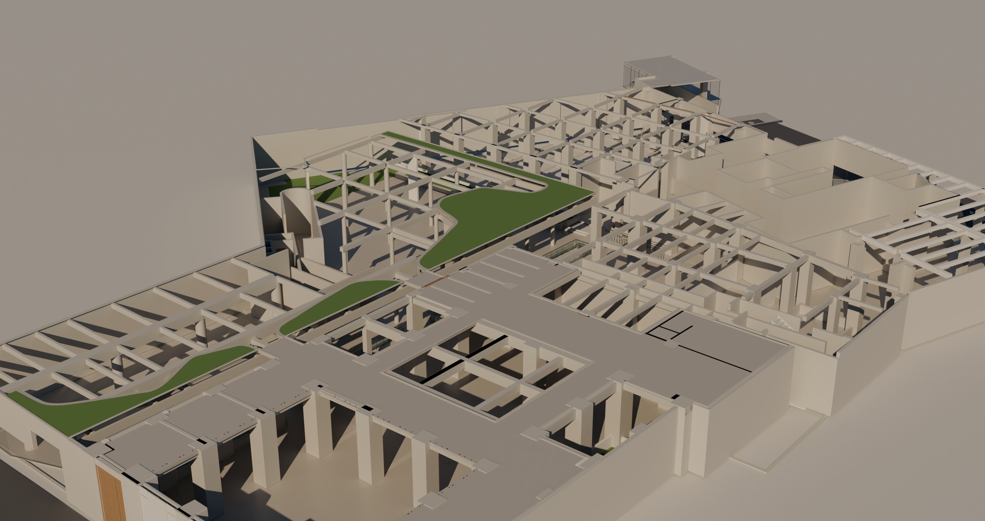 Visualização renderizada do modelo BIM as built: vista aérea com o teto-jardim da galeria (materiais ilustrativos)