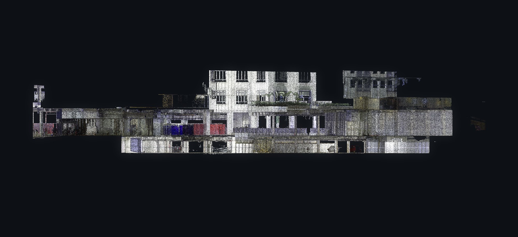 Seção vertical da nuvem de pontos do laser scanner mostrando subsolo, térreo e mezaninos da galeria comercial