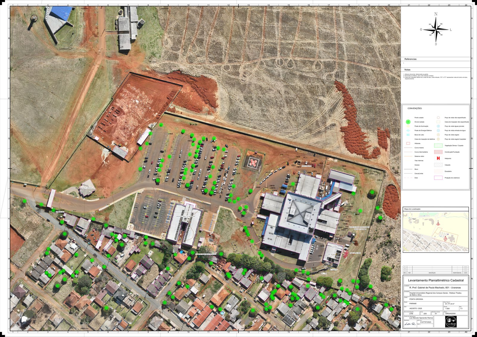 Prancha A0 do Levantamento Planialtimétrico Cadastral do Hospital Universitário sobre ortomosaico de drone, escala 1:500, UTM SIRGAS2000