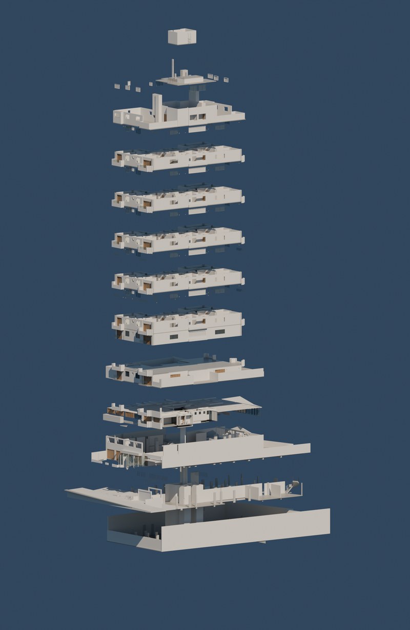 Axonometria explodida do modelo BIM separando os 12 níveis do edifício